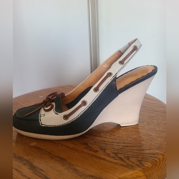 Coach Athena Slingback Wedges, Navy and White, size 6.5 - Picture 3 of 6